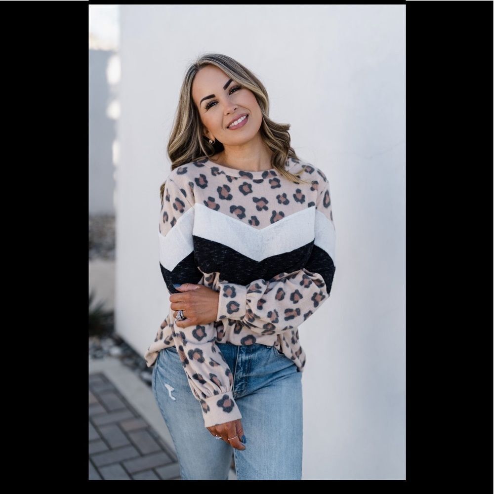 Long sleeve hacci soft leopard stripe top warm fall S M L NWT